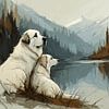 Deux chiens de montagne des Pyrénées au lac dans les montagnes sur Karina Brouwer