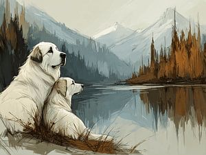 Two Pyrenean Mountain Dogs at Lake in the Mountains