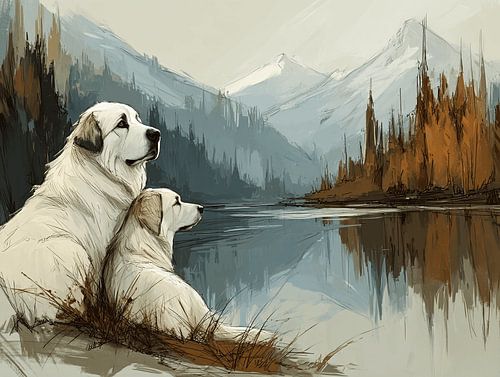 Two Pyrenean Mountain Dogs at Lake in the Mountains