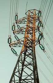 Transmission Tower at Golden Hour – Graphic Lines & Turquoise Insulators by Brave Toaster Photography