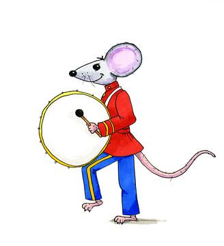 Watercolor illustration of a mouse with music instrument by Ivonne Wierink