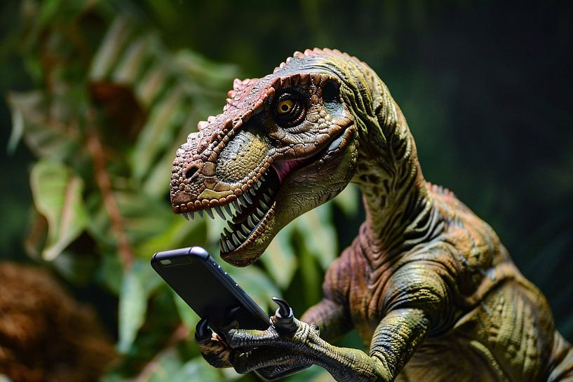 Un dinosaure sert de smartphone dans une scène moderne par Imperial Art House