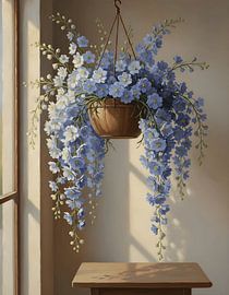 Delphinium in a hanging wooden pot by Regan Frederick