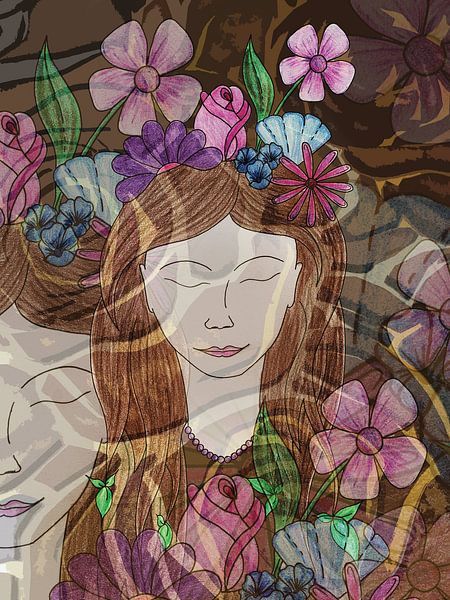 Female pencil portrait with flowers by Daisy Renders