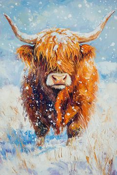 Schottischer Highlander im Schnee