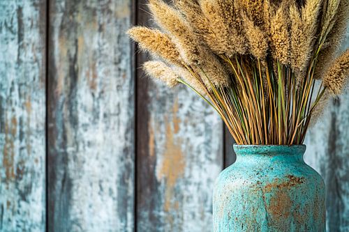 Blauwe vaas met droogbloemen