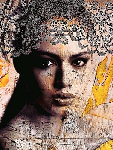 Decisive | Decisive is an image of a woman with an incisive gaze. The work contains the colours black, nude and ochre yellow.