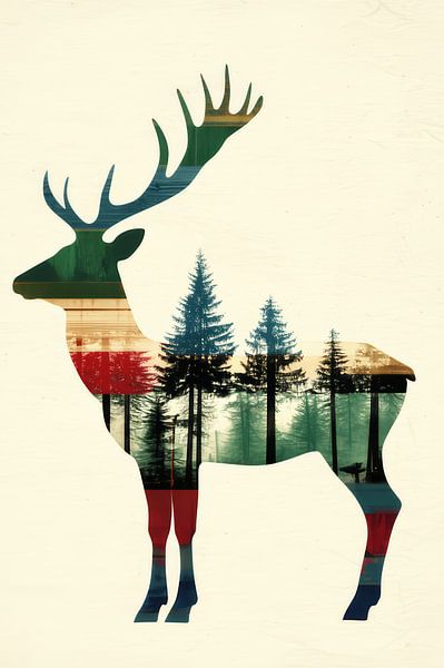Natuur in Silhouet – Hert met Bos in Reflectie van Eva Lee