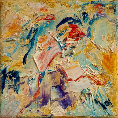 Abstract olieverf schilderij, blauw, geel, rood, paars, wit en roze