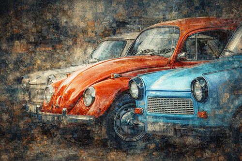 Oldtimer-motief tegen een niet-herkenbare abstracte stedelijke achtergrond