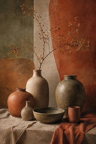 Terracotta en Mosgroen - Aards Stilleven van Joriali Fine Art