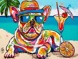 Bulldog Chill am Strand von Happy Paintings / Renata Rolefes