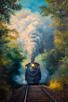 Stoomlocomotief door het bos