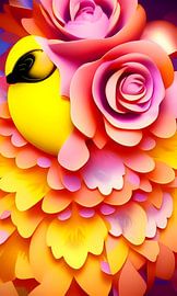 Bright Yellow and Flowers IV - Yellow bird and roses - figurative illustration by Lily van Riemsdijk - Art Prints with Color