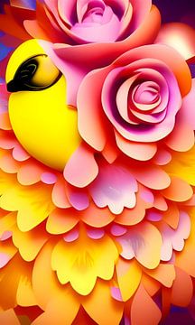 Bright Yellow and Flowers IV -  Gele vogel en rozen - figuratieve illustratie van Lily van Riemsdijk - Art Prints with Color