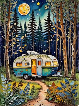 Verlichte caravan onder een magische maanhemel