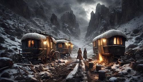 Zigeuners voor een eindeloze bergpas in een eindeloze winternacht