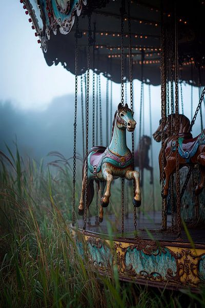 Carrousel avec des chevaux dans le brouillard par Poster Art Shop