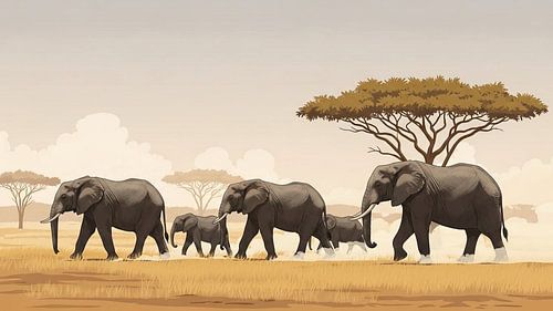 Afrikaanse olifantenkudde op savanne Illustratie