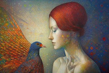 Mozaiek pointillisme vrouw met rood haar en vogel. van Digitale Schilderijen