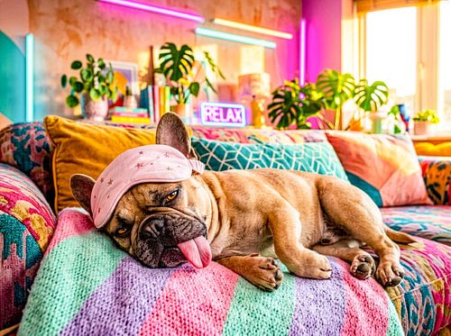 Franse buldog die slaapt met een slaapmasker