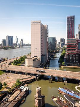 Stad Rotterdam vanuit een hoogte met de Erasmusbrug en de Rotterdammer op de achtergrond. van Jolanda Aalbers