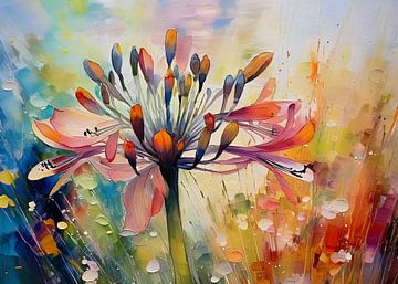 Modern en kleurrijk schilderij van een Agapanthus (Afrikaanse lelie) -1 van Studio Pieternel