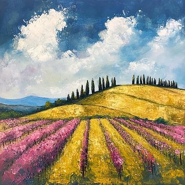 Wijngaardlandschap | Sunset Lavender Fields van Abstract Schilderij
