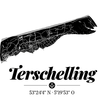Terschelling | Artistieke landkaart | Eilandsilhouet | Zwart en wit van ViaMapia