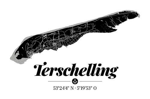 Terschelling | Artistieke landkaart | Eilandsilhouet | Zwart en wit van ViaMapia
