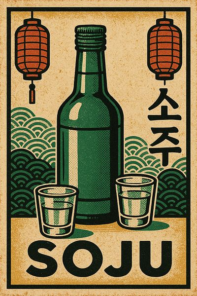 Vintage Korean Wall Art - Soju Flasche &amp; Gläser Illustration von Travel Shop
