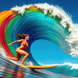 Vague monstre avec surfeuse et planche de surf sur AidasignArt