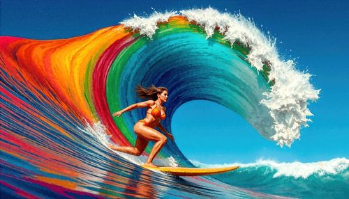 Monstergolf met surfer en surfplank