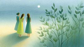 Three women at the North Sea under a full moon by May