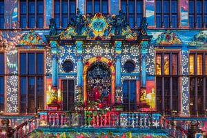 Eingangsportal, Illuminierter Schütting auf dem Bremer Marktplatz, Bremen, Deutschland, Europa