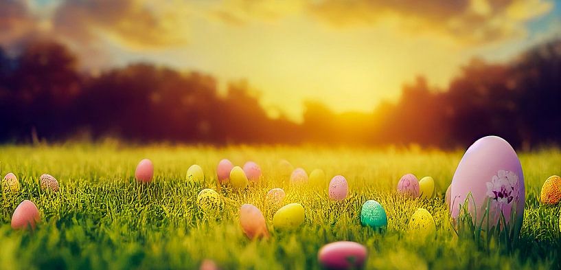 Ostereier im Gras Panorama,  Art Illustration 01 von Animaflora PicsStock