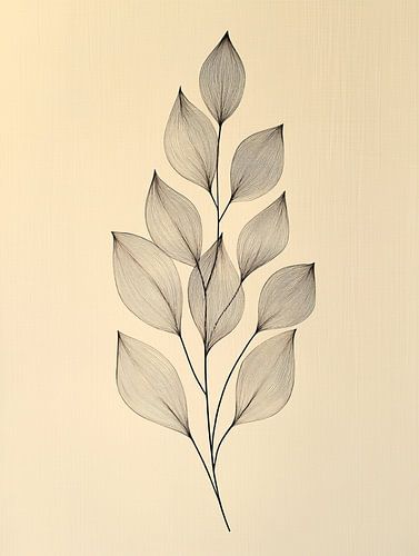 Elegante zwarte lijntekening van een fijne, bladrijke tak op een beige achtergrond met textuur
