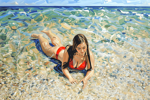'In een Bubbel aan Zee': a summer painting of a woman in a red bikini