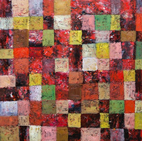 Abstrakt Herbst | Malerei mit Würfeln in Herbstfarben rot braun grün gelb von Anja Namink - Gemälde