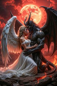 Dark Fantasy Wandbild: DARK ROMANCE - Ein Engel und ein Dämon unter dem Blutmond