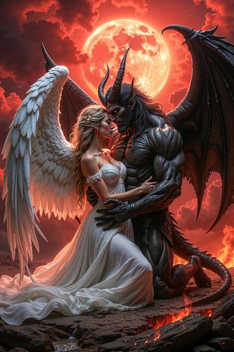 Dark Fantasy Gothic Wall Art: DARK ROMANCE - An Angel and a Demon Beneath the Blood Moon