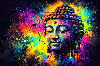 Erleuchtung in Neon – Abstraktes Buddha-Wandbild mit farbintensiven Farbspritzern
