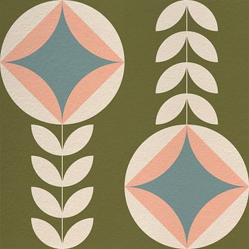 Retro Scandinavisch design geïnspireerde bloemen en bladeren in groen, roze, blauw, wit van Dina Dankers