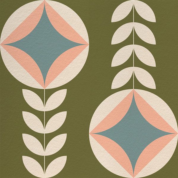 Retro Scandinavian design inspired flowers and leaves in green, pink, blue, white by Dina Dankers