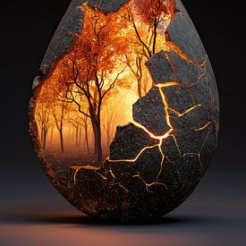 Bos met een gouden zonsondergang in stenen vaas van TheXclusive Art