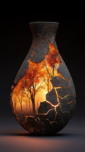 Une forêt baignée par un coucher de soleil doré dans un vase en pierre