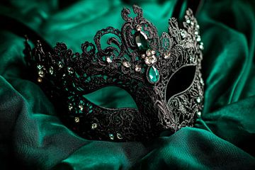 Elegant zwart masker op groen satijn van Poster Art Shop