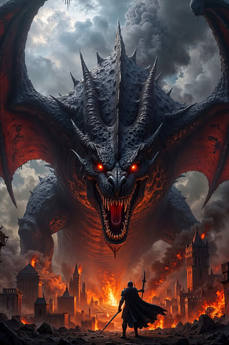 Dark Fantasy Gothic Wall Art: ZYRKATHRAX - The black dragon attacks a city