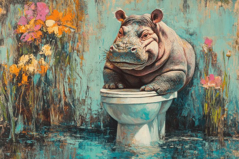 Hippo on Toilet in Dreamy Colourful Impressionist Landscape by Eva Lee