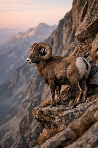 Majestätischer Mufflon auf Felsvorsprung – kraftvolle Wildlife-Kunst als Wanddekoration